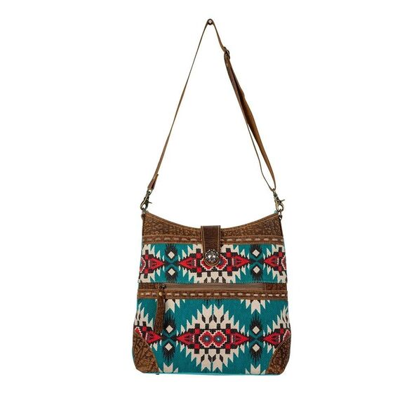 Myra Bag Handmade Tribe Shoulder Bag Upcycled Canvas & Cowhide Leather - Picture 10 of 14